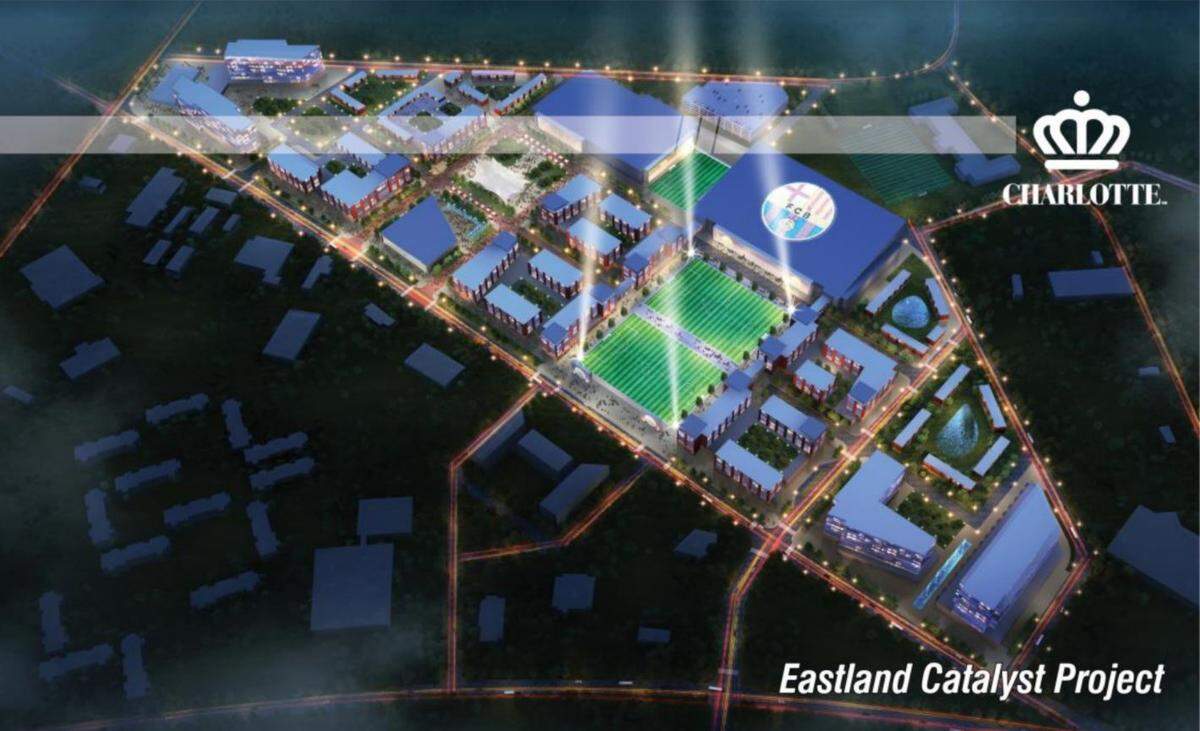 A conceptual plan for redeveloping the Eastland Mall site, centered around an FC Barcelona Soccer Academy.
