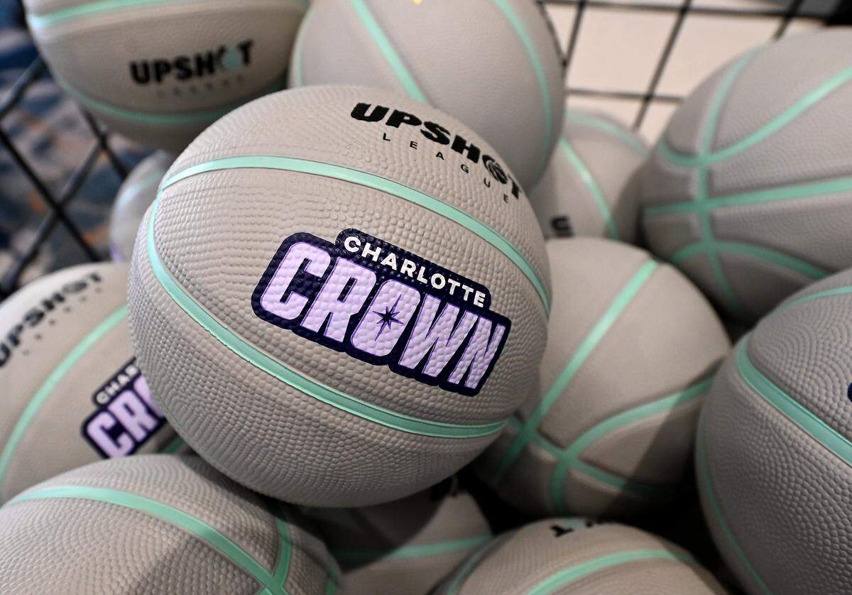 Souvenir basketballs featuring the new Charlotte Upshot League women's team the Charlotte Crown are available for fans following a press conference on Thursday, October 9, 2025 in Charlotte, NC.