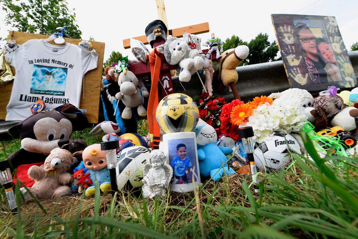 Family and friends created this memorial along U.S. 74 in Gaston County to remember 6-year old Liam Lagunas, who was killed at the site in June.