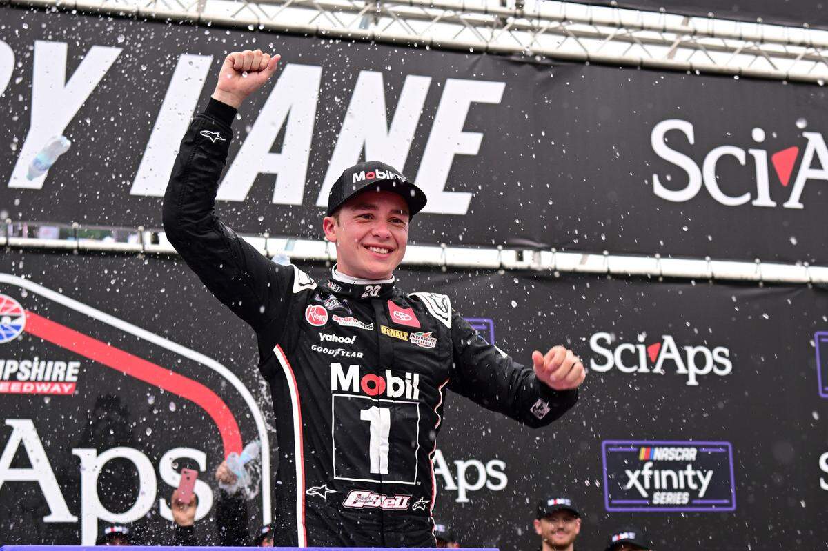 Christopher Bell (20) celebrates winning the NASCAR Xfinity Series race at New Hampshire Motor Speedway on June 22, 2024, in Loudon, N.H.