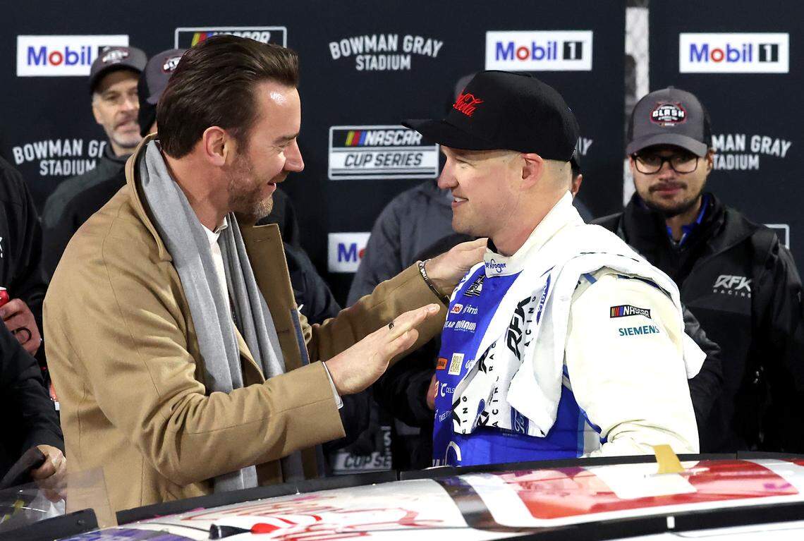 NASCAR Cup Series driver Ryan Preece, right, is congratulated on winning the Cookout Clash at Bowman Gray Stadium in Winston-Salem, NC on Wednesday, February 4, 2026.