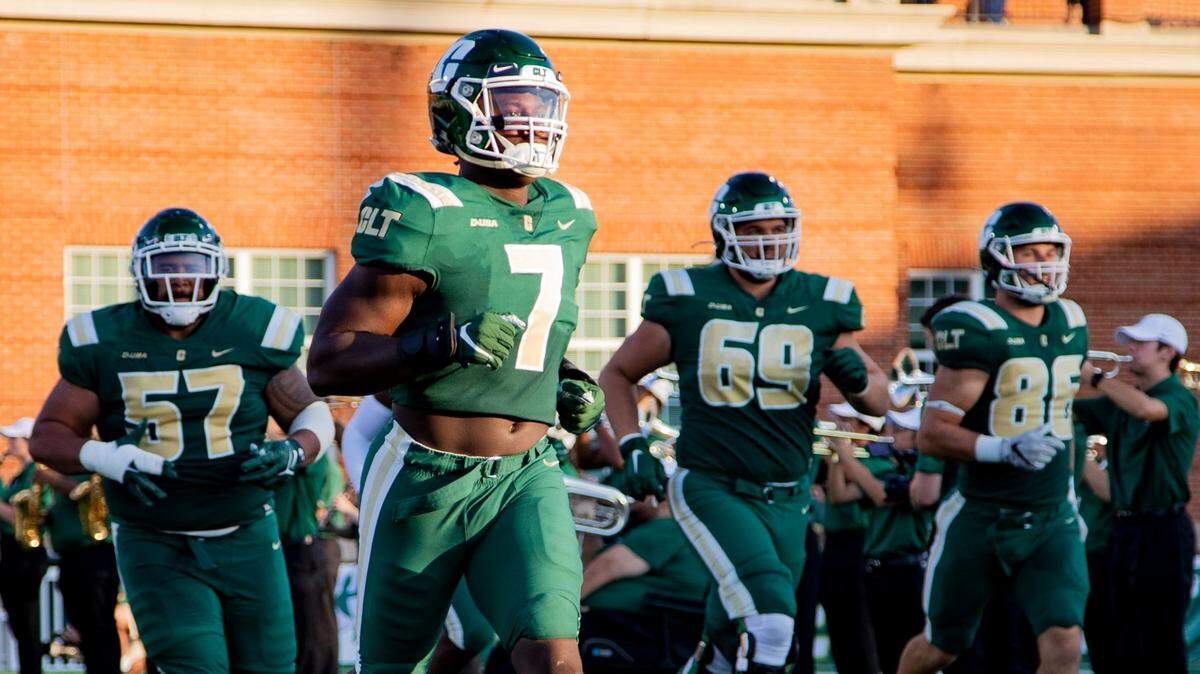 The UNC Charlotte 49ers take the field ahead of their Friday night, Sept. 3, 2021 matchup against Duke. UNCC defeated the Blue Devils 31-28.