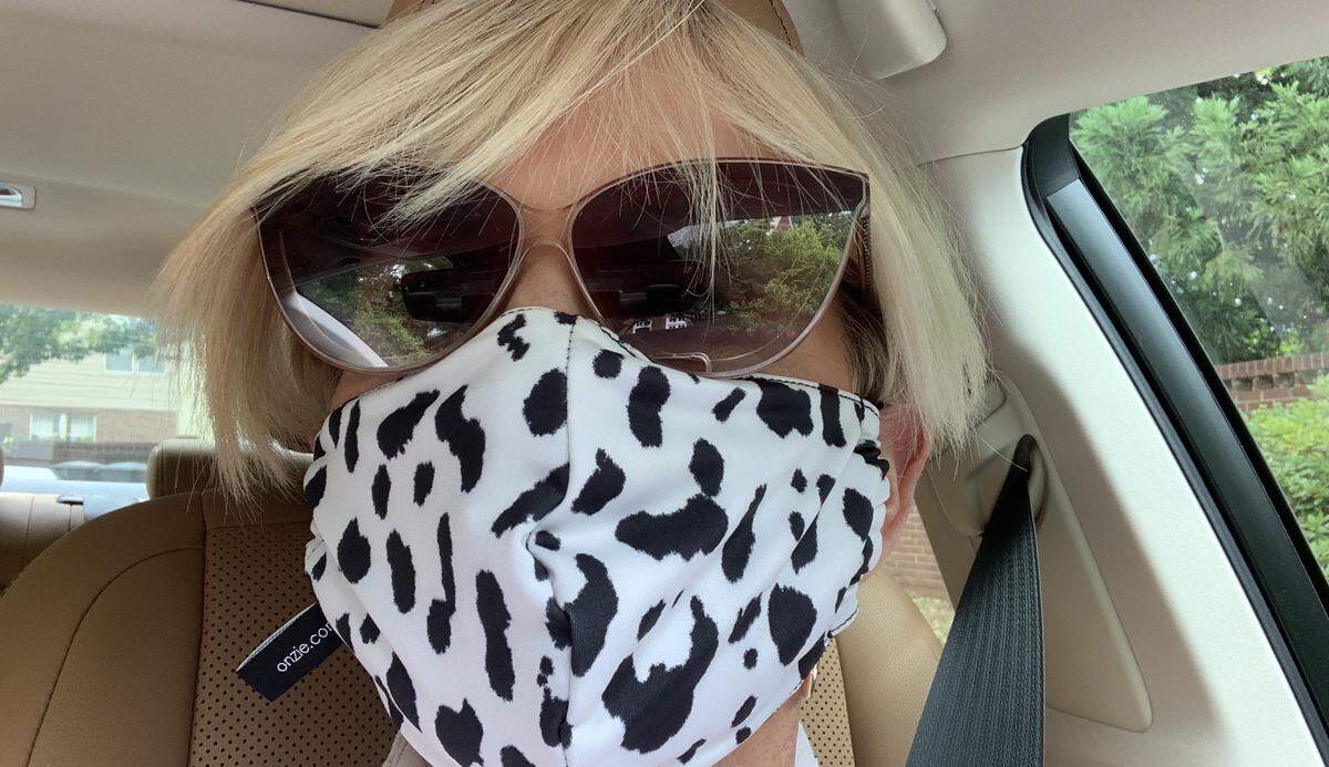 Cynthia Matz ordered her mask from the online boutique Onzie, because if she “has to wear a mask, she wants it to be functional and chic.”