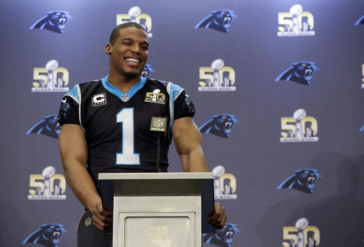 Carolina Panthers quarterback Cam Newton answers questions during a press conference on Feb. 3, 2016, in San Jose, Calif., four days before Carolina played the Denver Broncos in Super Bowl 50.