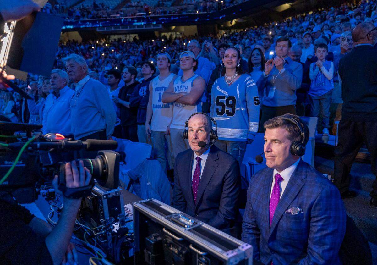 Jay Bilas and Rece Davis work the North Carolina vs N.C. State game on Wednesday, February 19, 2025 at the Smith Center in Chapel Hill, N.C.