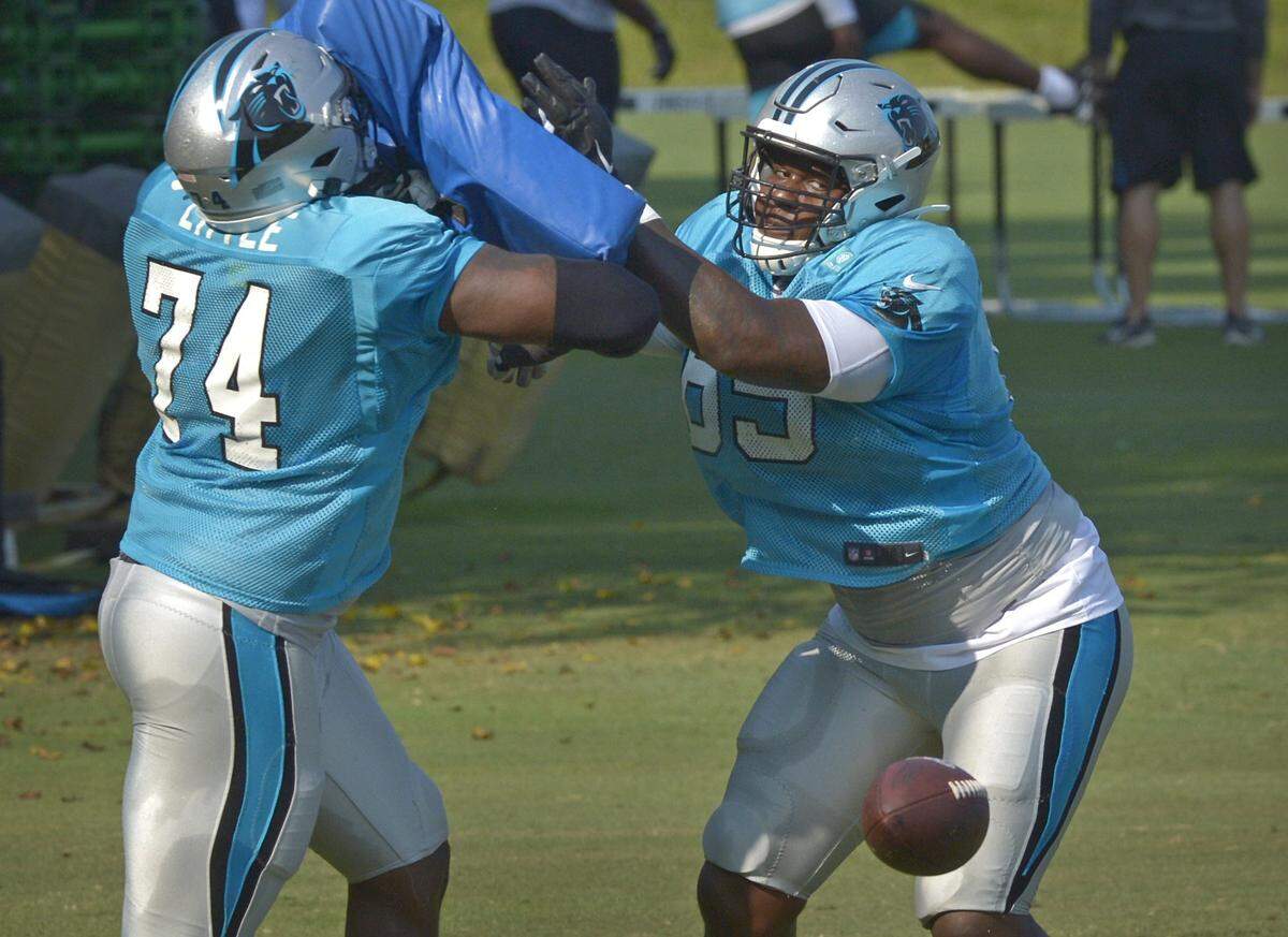 Carolina Panthers tackle Greg Little (left) and tackle Dennis battle one another during training campp. Little was drafted in the second round of the 2019 draft and Daley in the sixth, but Daley has played more as a rookie due to Little’s concussion issues.