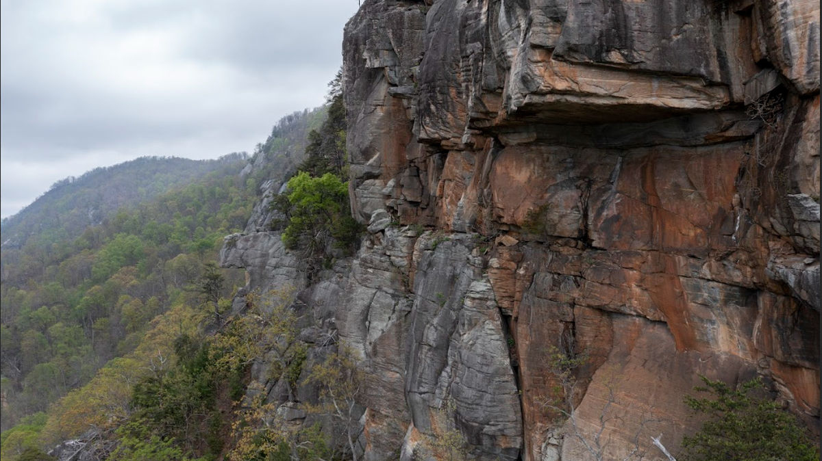 This is known as the “Outlaw Wall” at the Lower Ghost Town Cliffs near Chimney Rock, North Carolina. It has been secured as part of a land purchased. 
