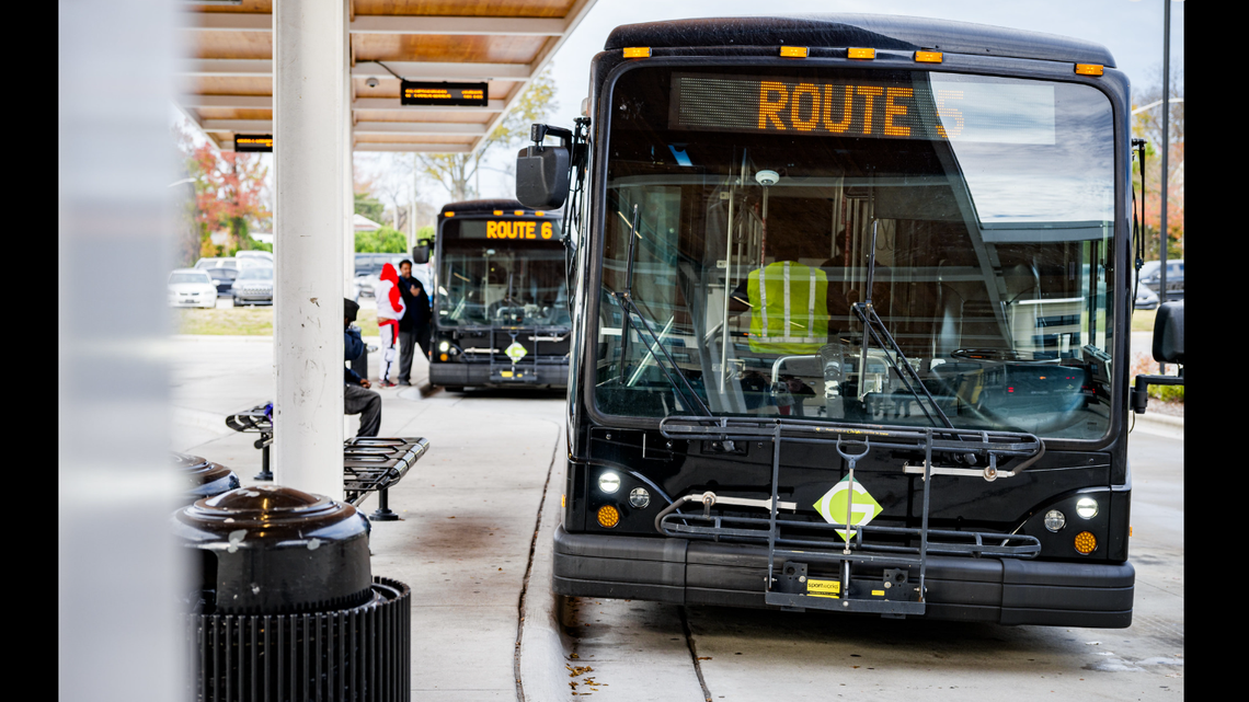Greenville police have arrested a suspect after a city bus was shot at during rush hour, North Carolina officials say. This is not the bus that was struck by a bullet.