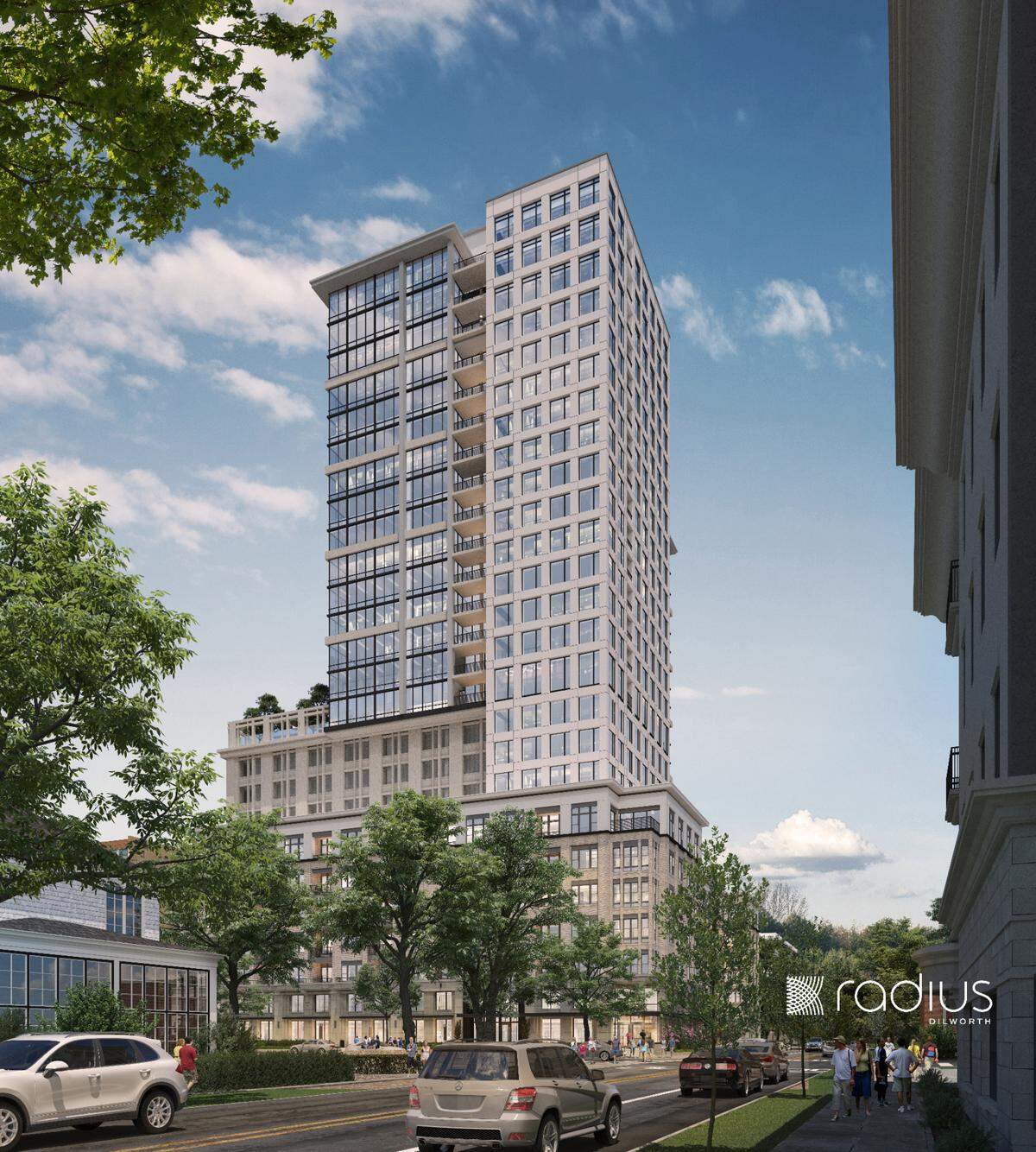 A rendering of the 26-story apartment tower which will contain 352 units. Construction has started on the $235 million project located at 615 E. Morehead St.
