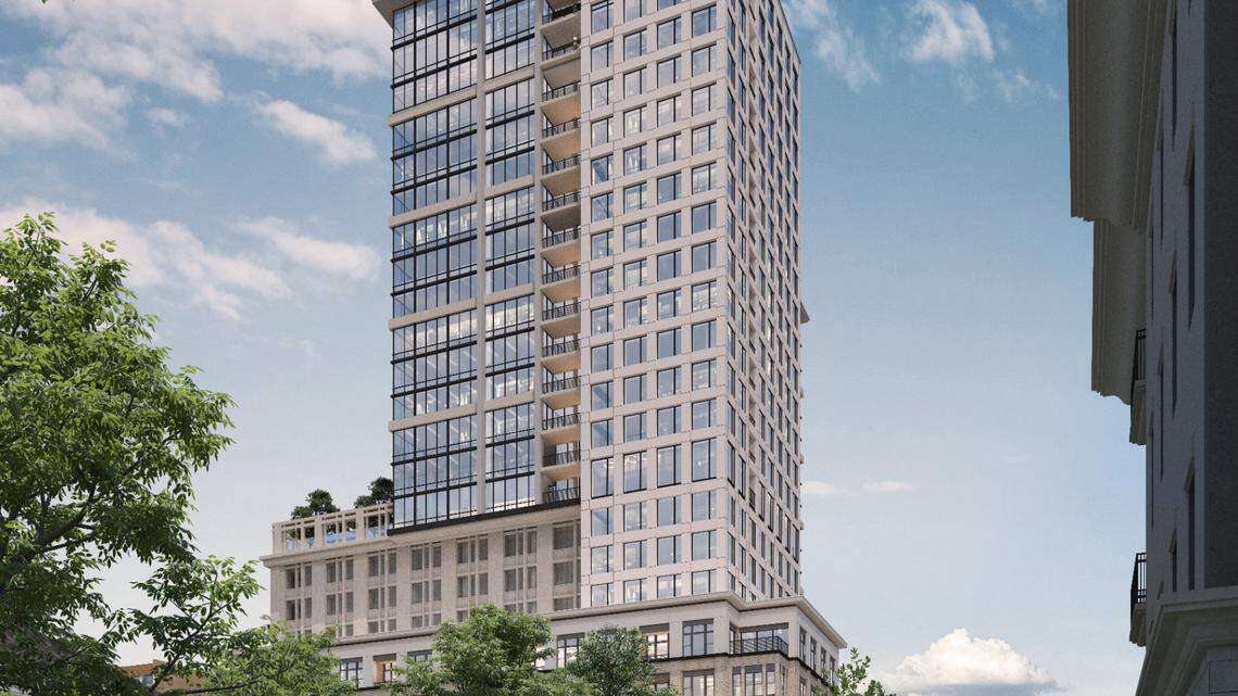 A rendering of the 26-story apartment tower which will contain 350 units. It is located along East Morehead Street.