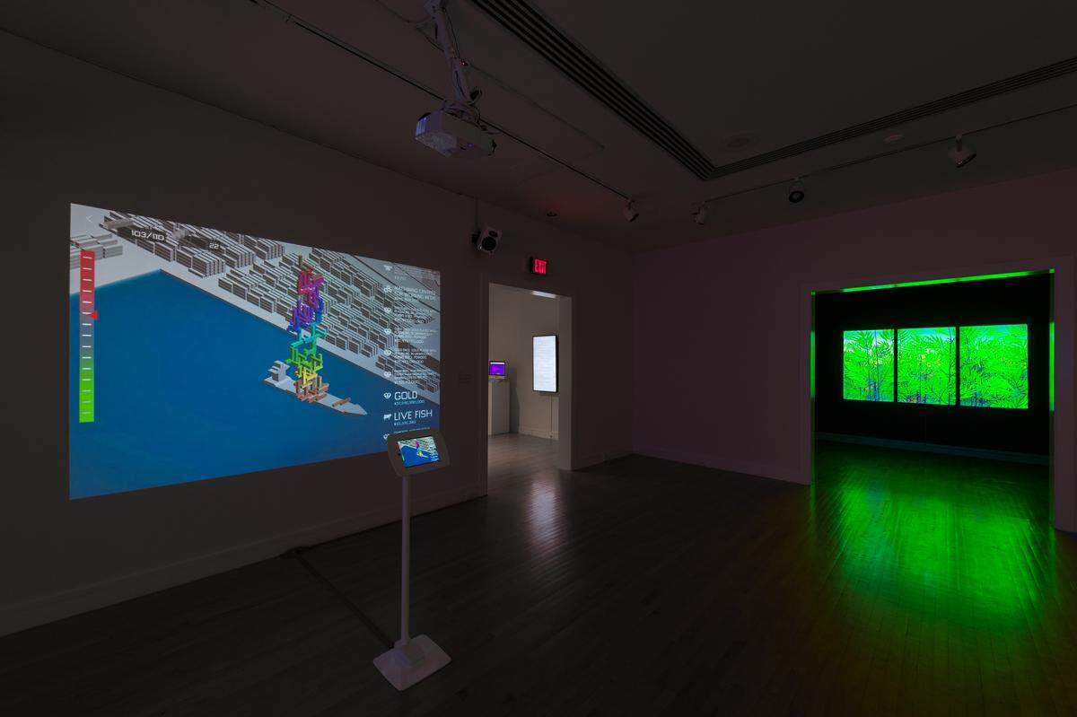 “The Speed of Thinking,” a game that allows players to plunk colorful, virtual boxes onto a cargo ship, and an animation of a bamboo forest are included in the joint exhibition by Joelle Dietrick and Owen Mundy that runs Sept. 4-25.