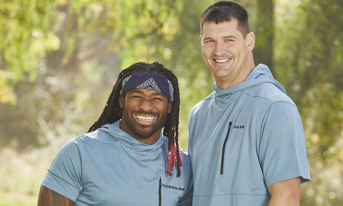 Former NFL stars DeAngelo Williams, left, and Gary Barnidge compete on the 32nd season of “The Amazing Race.”