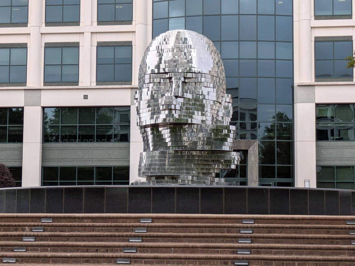 This 23-foot tall sculpture by Czech artist David Černý is located at the Whitehall Corporate Center in Southwest Charlotte.