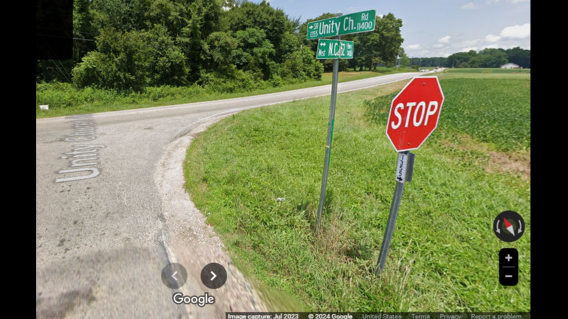 After colliding with another vehicle at this intersection near Mooresville, NC, the suspect drove across a soybean field into a nearby yard, officials say.