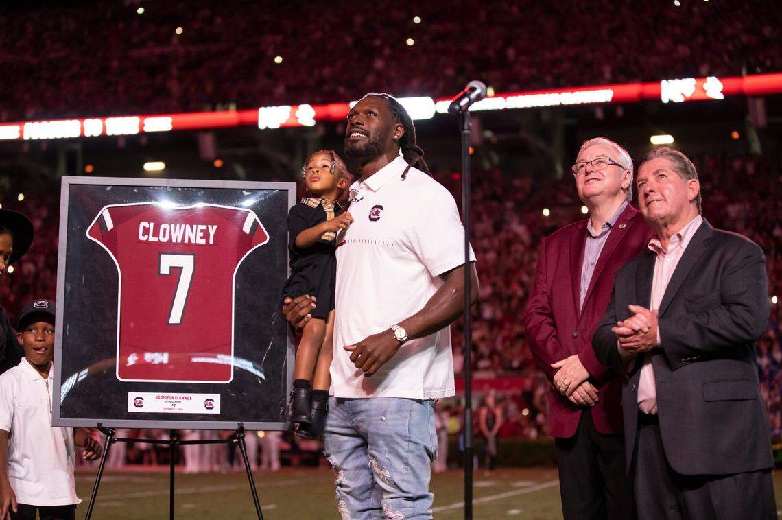 Former South Carolina player Jadeveon Clowney has his jersey retired at Williams-Brice Stadium in Columbia, SC on Saturday, Sept. 3, 2022.