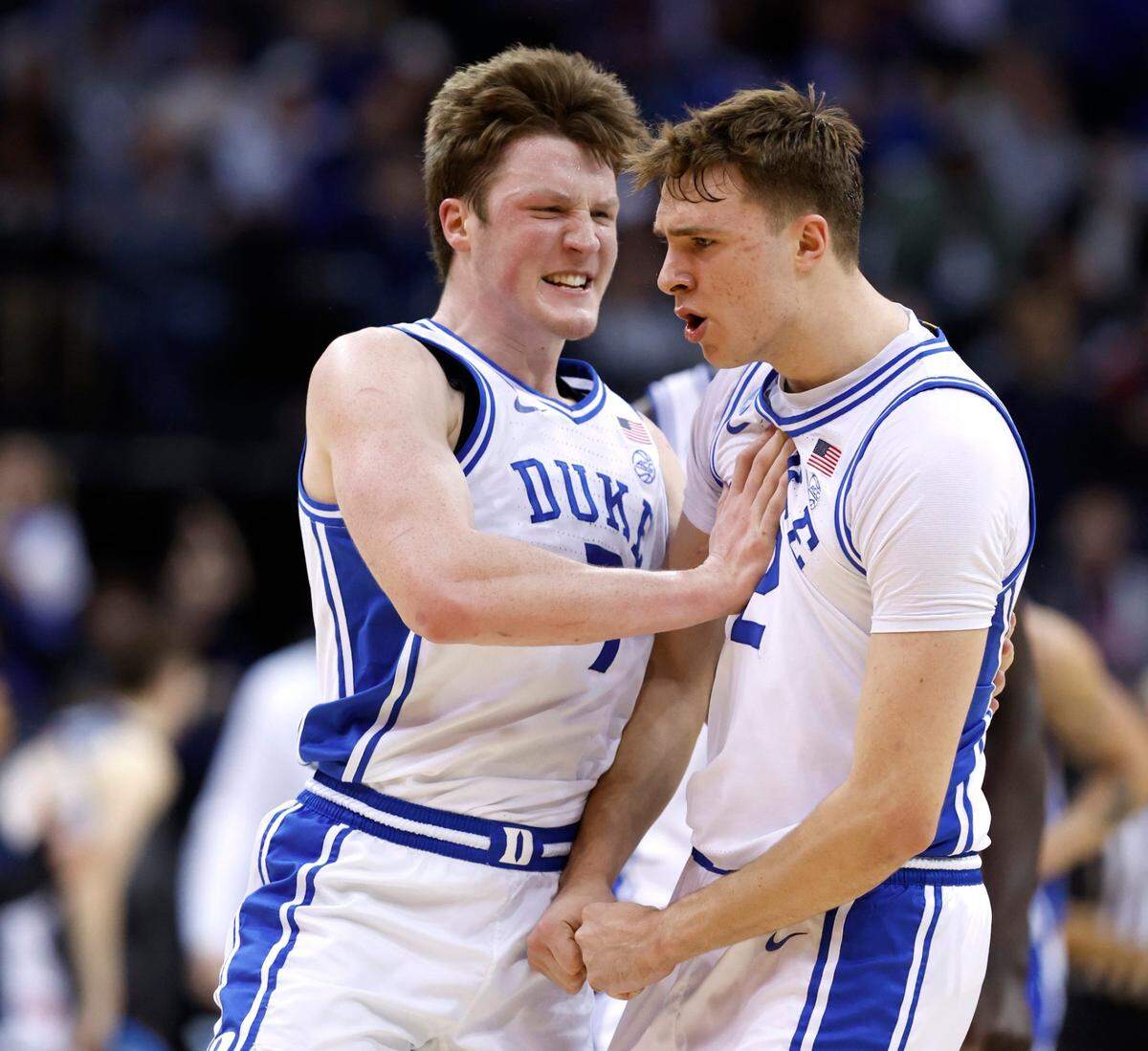 Duke’s Kon Knueppel (7) celebrates with Cooper Flagg (2) after Flagg scored at the end of the first half of Duke’s game against Arizona in the Sweet 16 round of the 2025 Men’s NCAA Basketball Championship at the Prudential Center in Newark, N.J., Thursday, March 27, 2025.
