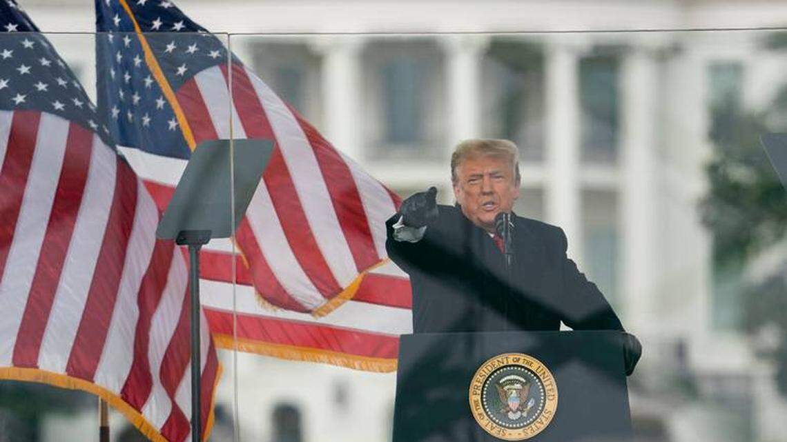 President Donald Trump speaks during a rally protesting the electoral college certification of Joe Biden on Jan. 6, 2021, in Washington. Shortly afterward a mob stormed the U.S. Capitol.