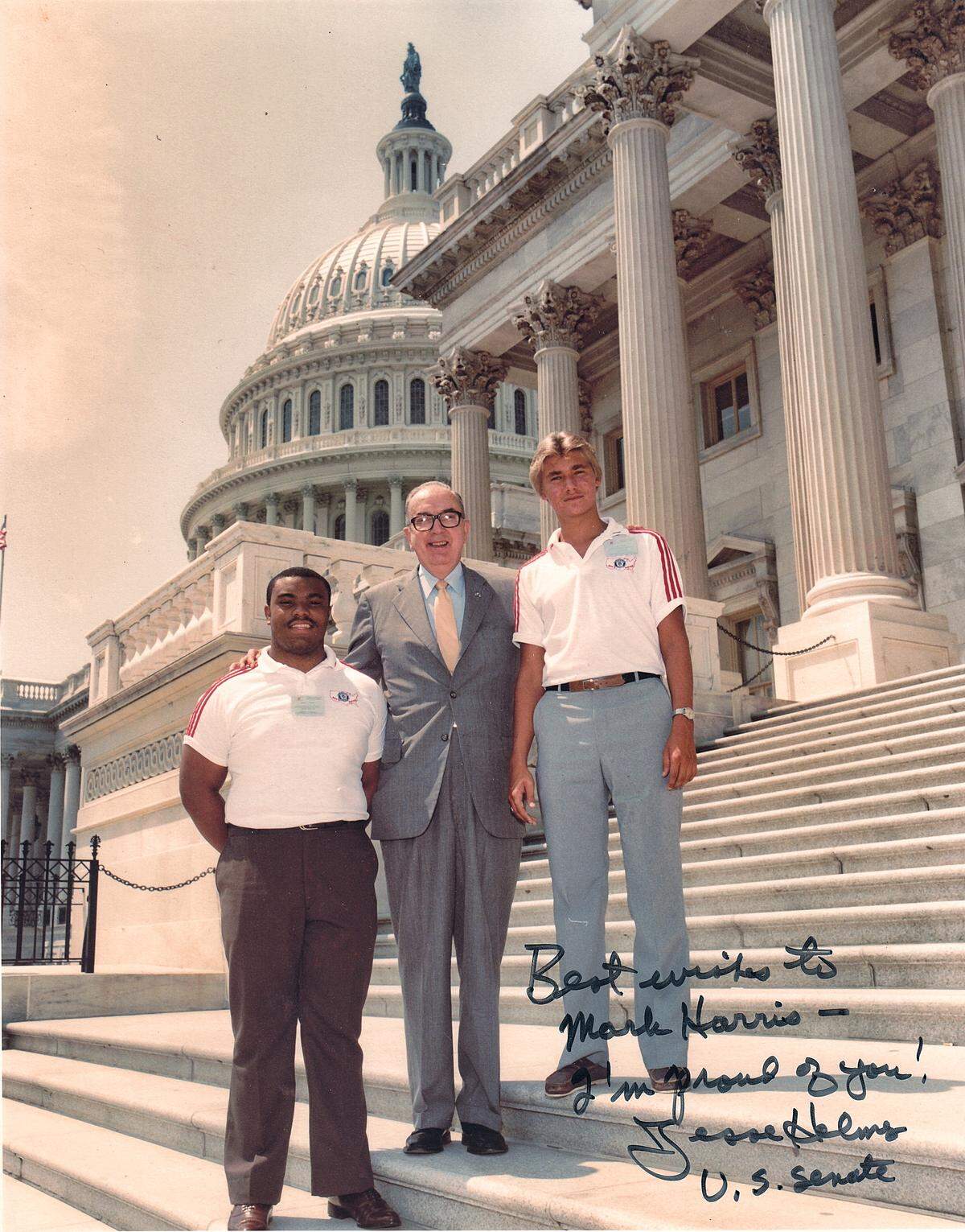 Mark Harris, right, in a photo with Jesse Helms. On the back of the photo is the following: “U.S. Senate Photograph July 28, 1983.”