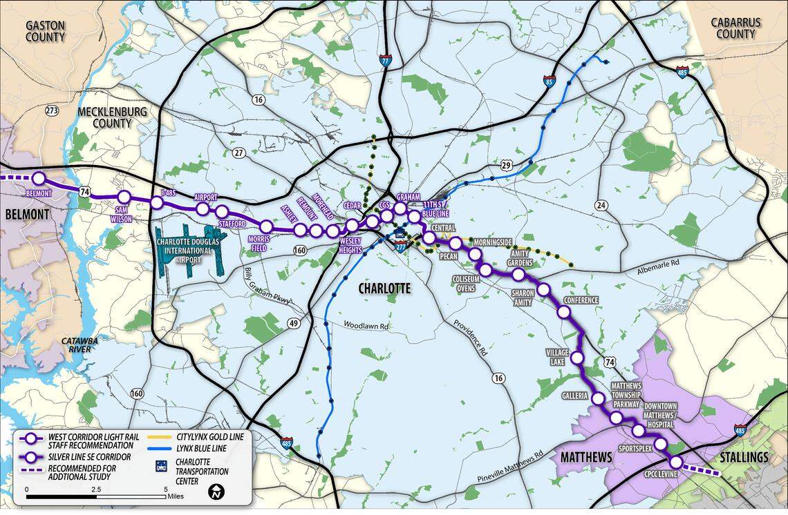 This is the original 2016 alignment for the LYNX Silver Line. Feedback from the public and third-party experts has CATS weighing changes to the Silver Line, which would run from Matthews through uptown, then west past the airport to Gaston County.