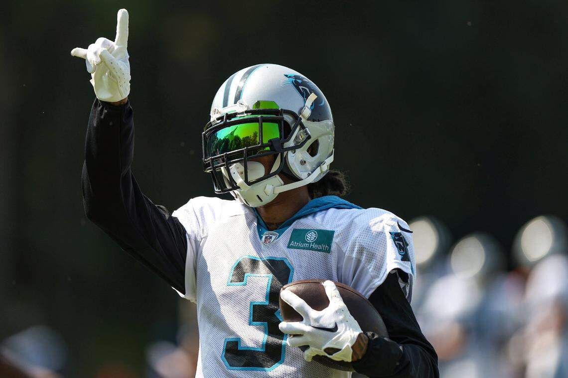 Panthers wide receiver Robbie Anderson gestures toward fans after catching a long pass during practice at Training Camp on Tuesday, August 2, 2022 in Spartanburg, SC.