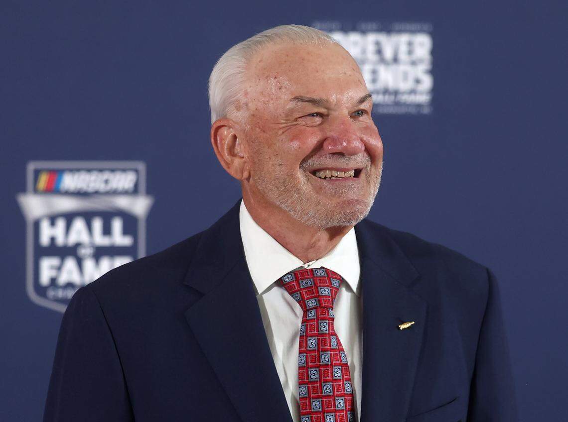 Former NASCAR driver Dale Jarrett poses for photographs along the red carpet at the NASCAR Hall of Fame on Friday, January 23, 2026.
