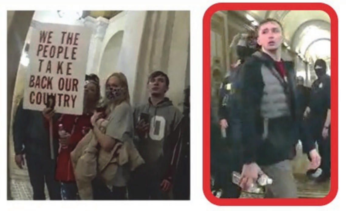 Matthew Jason Beddingfield, right, of North Carolina appears in a slide distributed by Washington police that also shows persons of interest in the Jan. 6, 2021, attack on the Capitol.