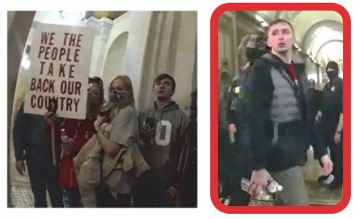 Matthew Jason Beddingfield, right, of North Carolina appears in a slide distributed by Washington police that also shows persons of interest in the Jan. 6, 2021, attack on the Capitol.