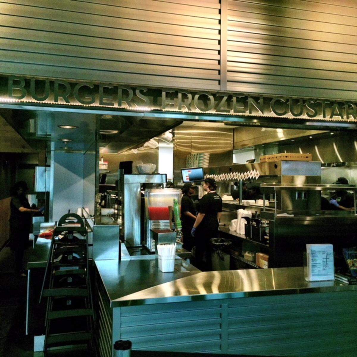 The inside of Shake Shack uses the retro look of the first Shake Shack building, in an old snack bar in New York's Madison Square Park.