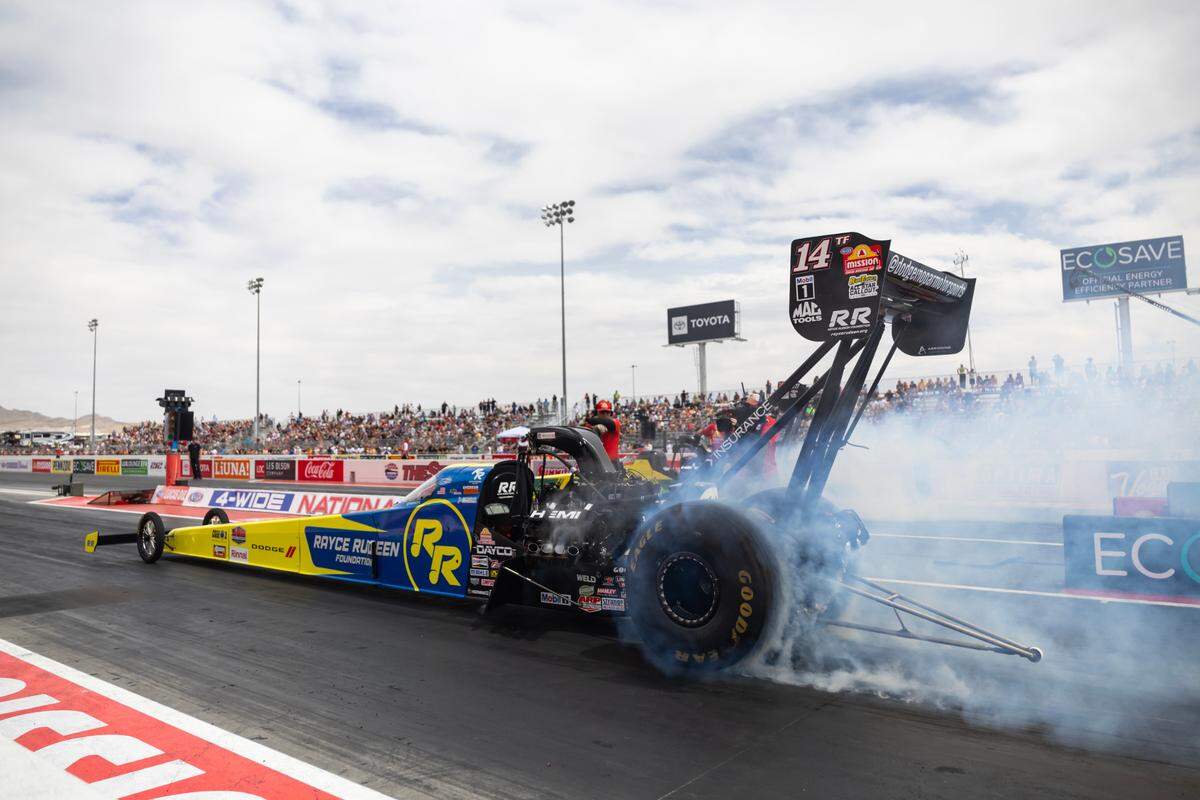 NHRA top fuel driver Tony Stewart during qualifying for the Four Wide Nationals at The Strip at Las Vegas Motor Speedway. Mark J. Rebilas-Imagn Images