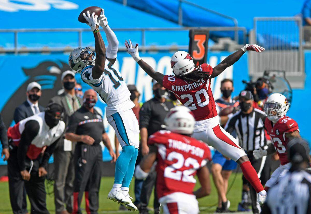 Carolina Panthers wide receiver Curtis Samuel (10) reaches for a third-down reception against Arizona on Oct. 4th. Samuel is tied for the NFL lead in third-down receptions in 2020.