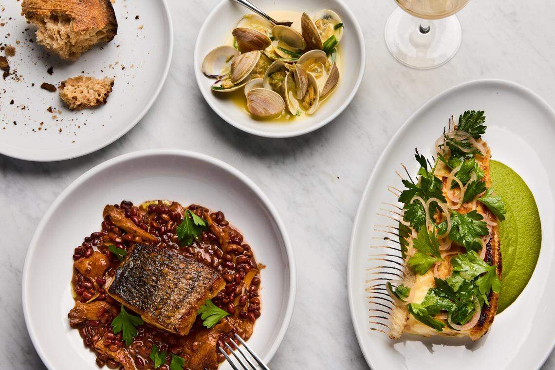 A bright, overhead flat lay shot of several gourmet dishes on a white marble table. In the bottom left, a large white bowl contains a seared fish fillet with crispy skin on a bed of dark grains and mushrooms. To the right, an oval plate holds another fish dish with a scored top, fresh herbs, and a vibrant green purée. At the top of the image are a small bowl of steamed clams in a light broth, a plate with remnants of crusty bread, and the top of a wine glass.