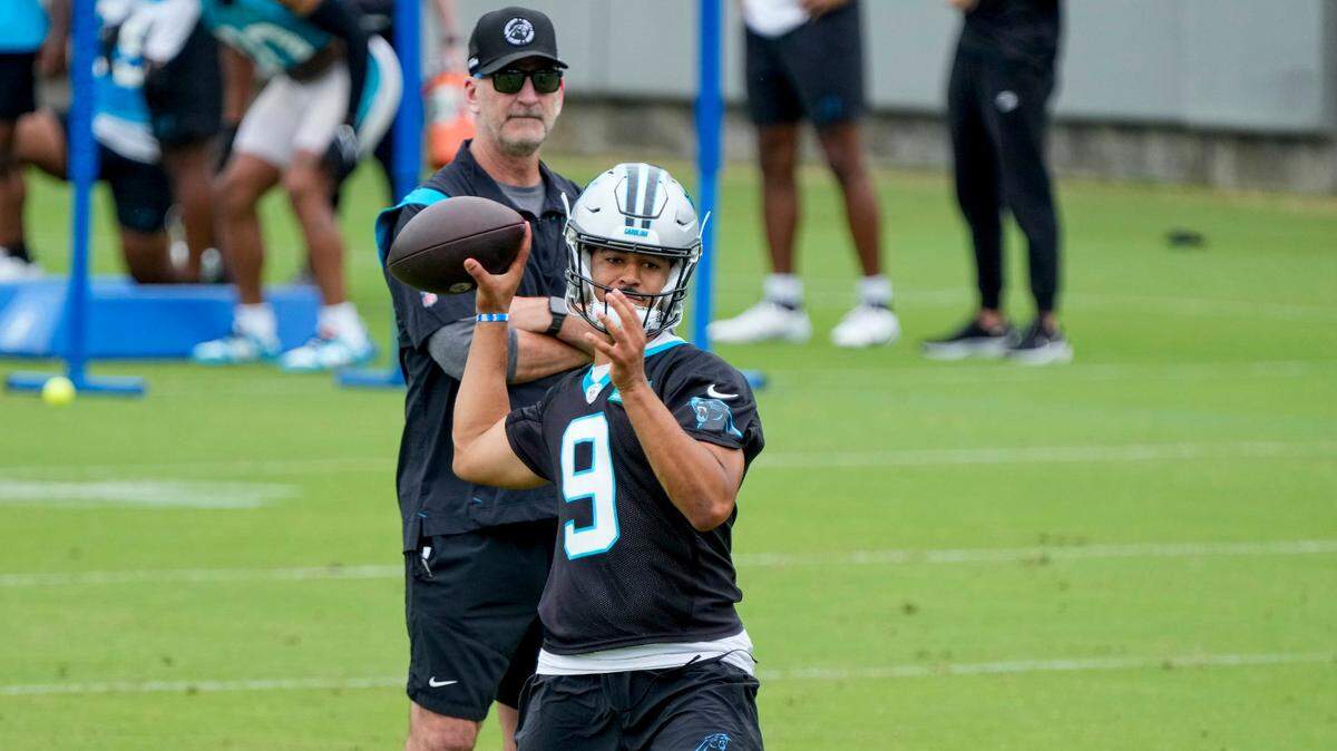Carolina Panthers head coach Frank Reich watches quarterback Bryce Young during the Carolina Panthers’ minicamp. (Jim Dedmon-USA TODAY Sports)