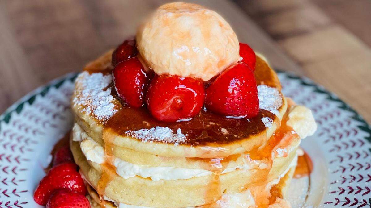 Z Bakery and Cafe serves up stuffed strawberry pancakes with strawberry honey.