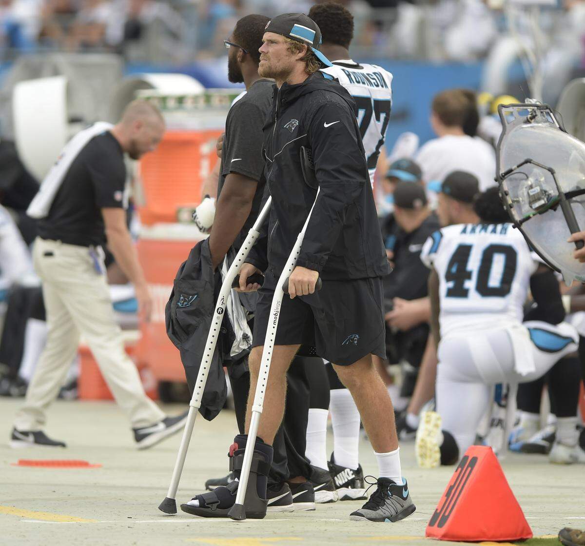 Carolina Panthers tight end Greg Olsen re-fractured his right foot against Dallas in Week 1. He elected not to have surgery. On Wednesday, he was able to work on the side of practice with an athletic trainer without a boot.