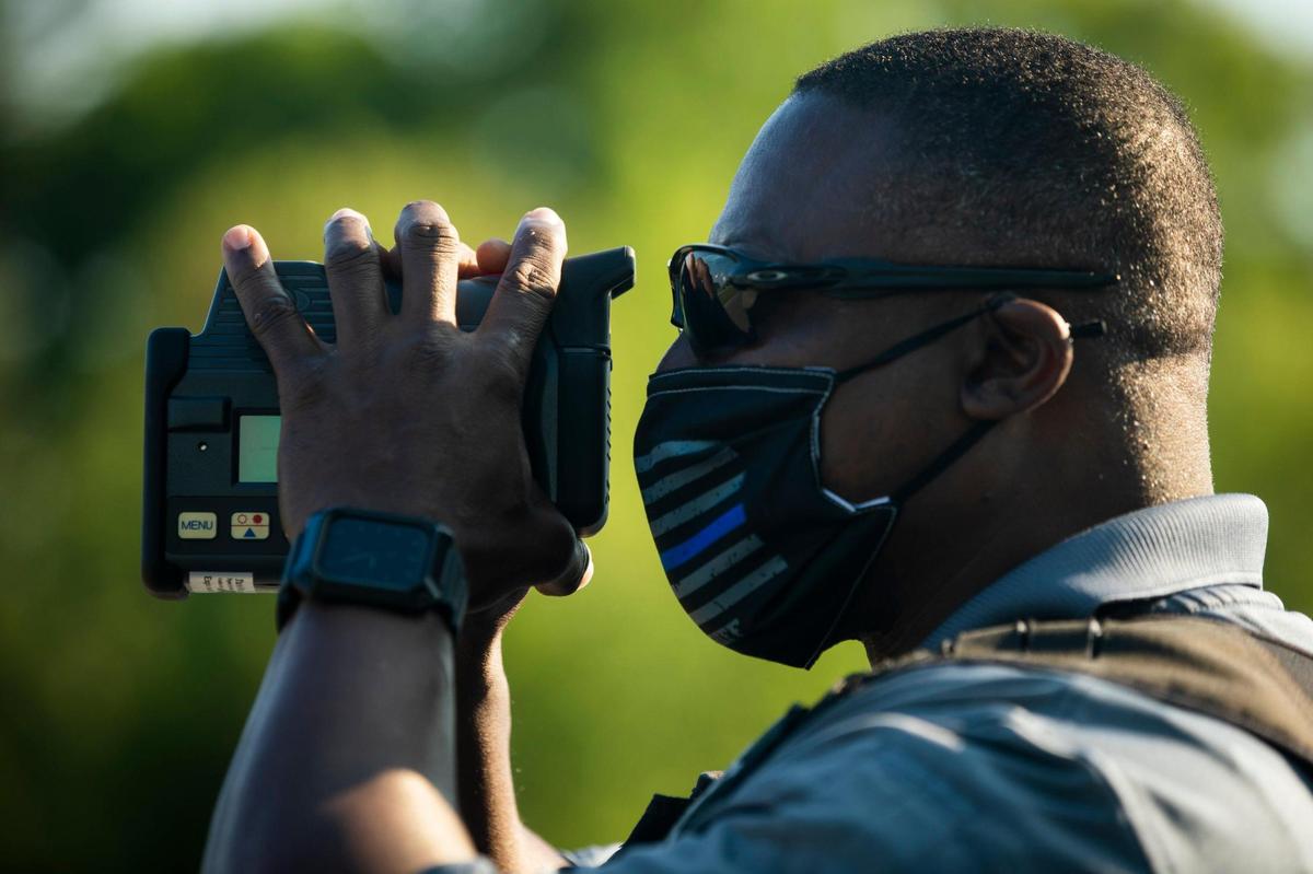 Durham County Sheriff’s Deputy V. Stewart monitors the speed of cars traveling on I-85 recently.