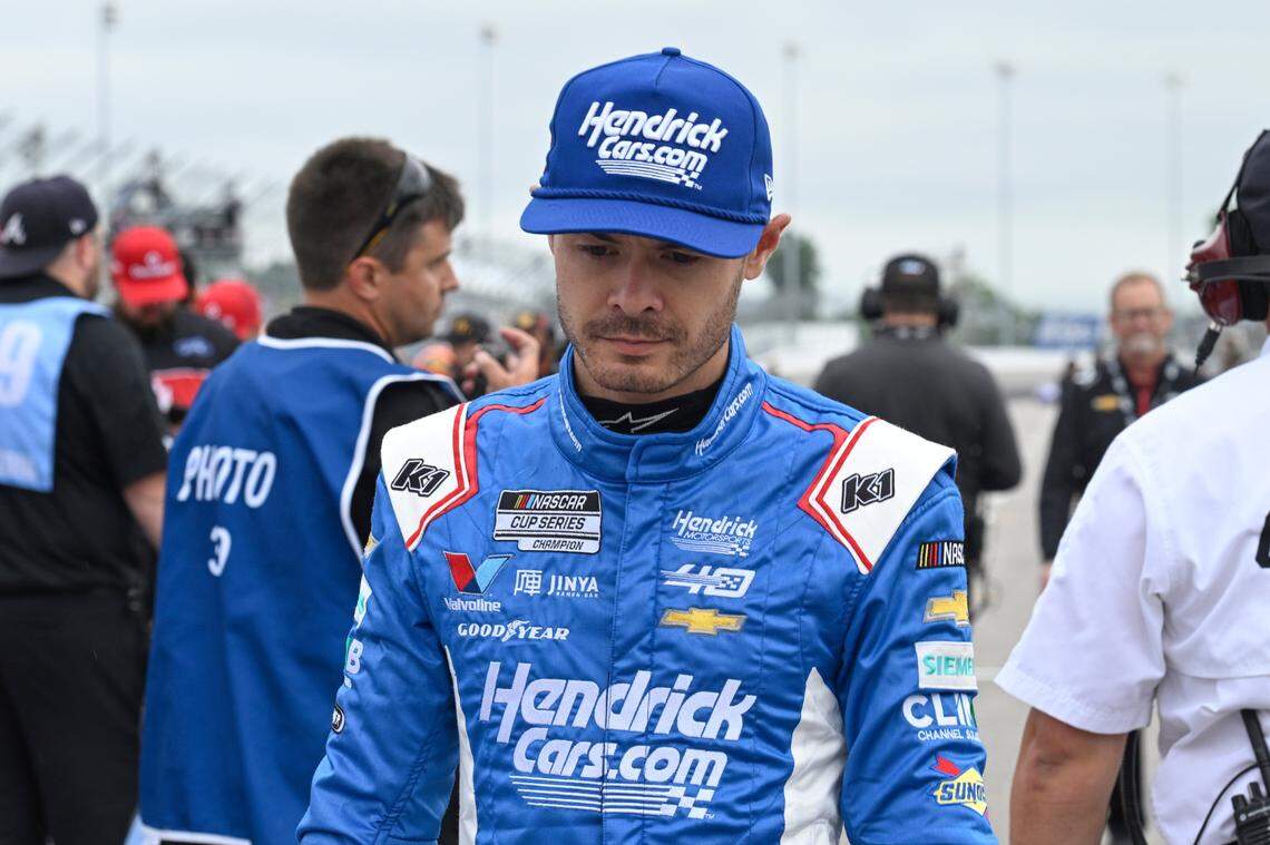 Kyle Larson (5) walks to his car during qualifying at World Wide Technology Raceway on Saturday, June 1, 2024, in Madison, Ill.