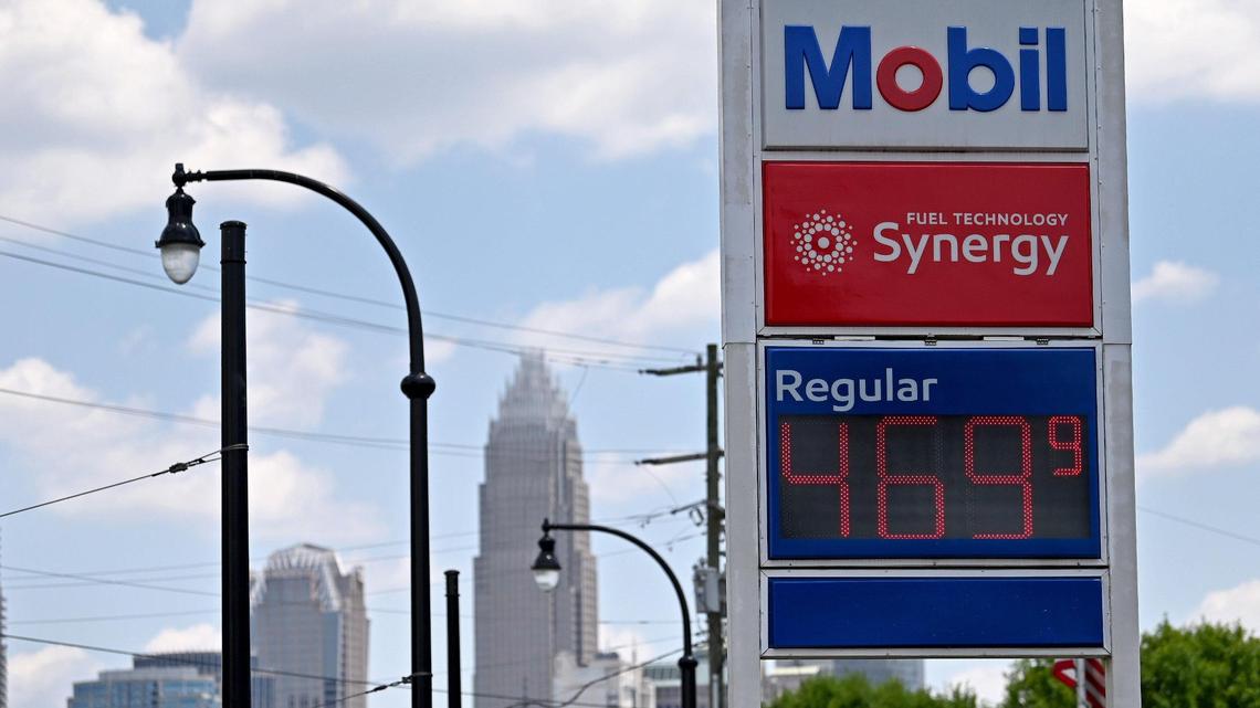 The price of gas at the Mobil station on W. Trade St. in Charlotte, NC reflects the rising gas prices in the area on Monday, June 13, 2022.