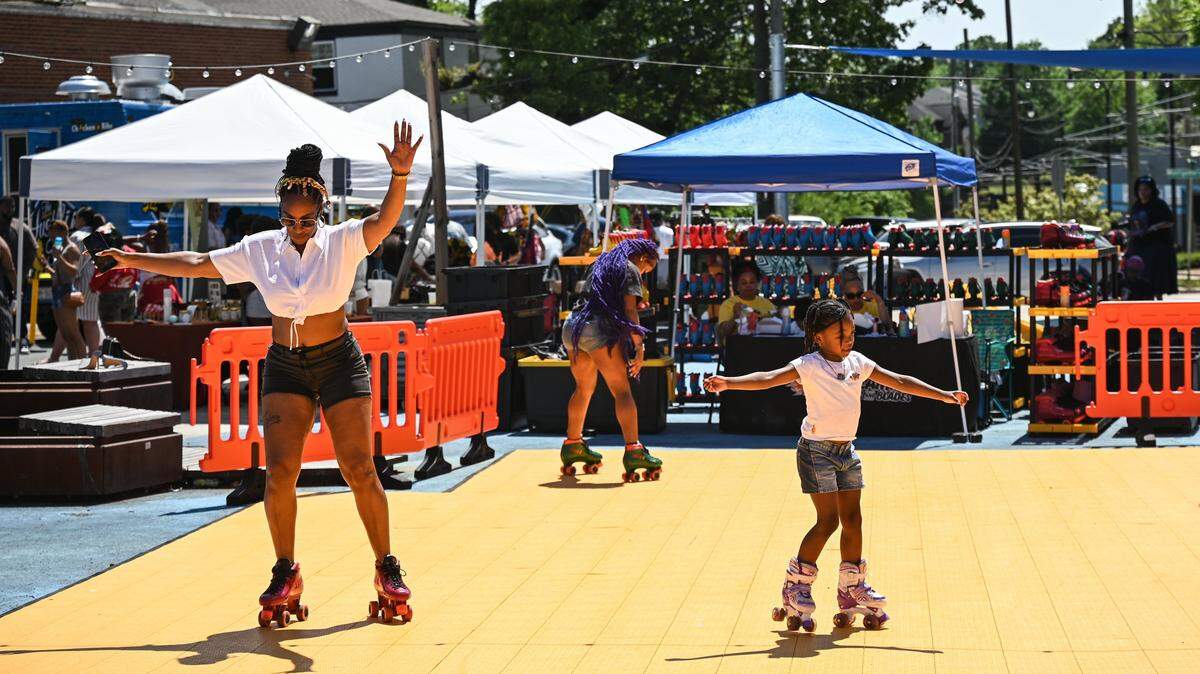 Screamin’ Wheels and Blades mobile skating rink offered free skate rentals for people to skate around during the West Side Fish Fry at West Complex in Charlotte on Saturday, April 18, 2026.