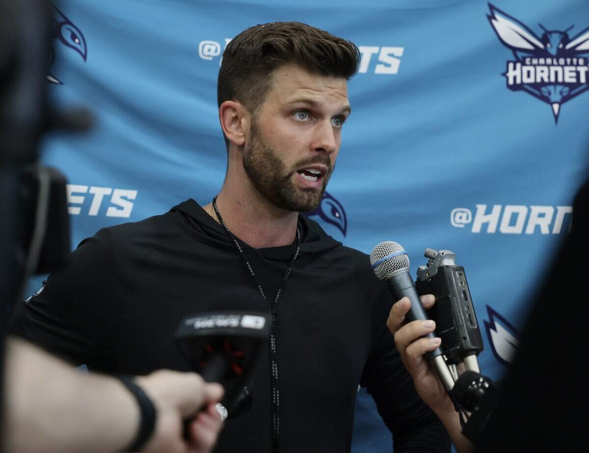 Charlotte Hornets Summer League head coach Blaine Mueller talks to reporters after the team practices Monday, July 6, 2026 at Spectrum Center in Charlotte.