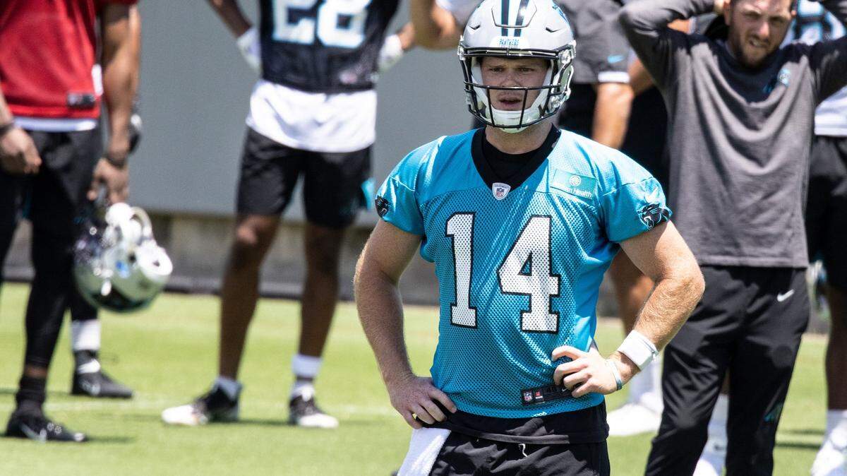 Carolina Panthers Sam Darnold during practice in Charlotte, N.C., on Wednesday, June 16, 2021.