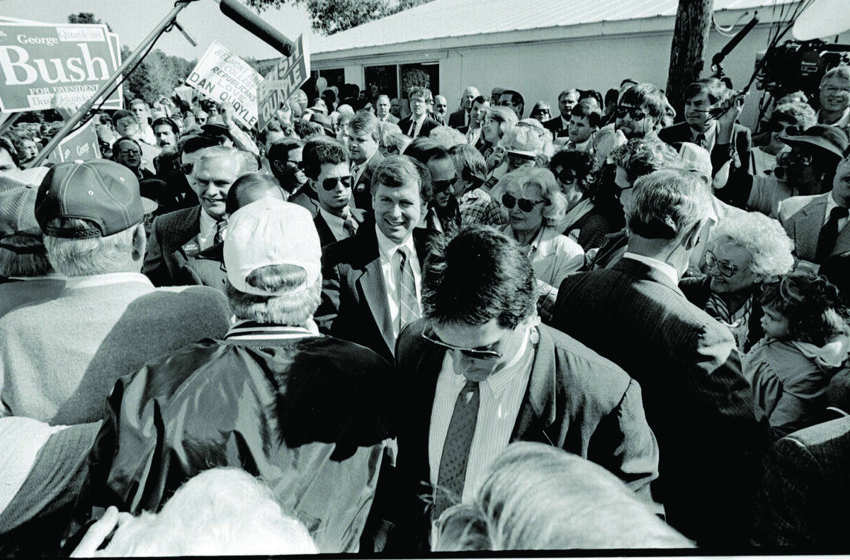 Dan Quayle is shown at the Mallard Creek Barbecue in 1988 while a candidate for vice president, an office he won.