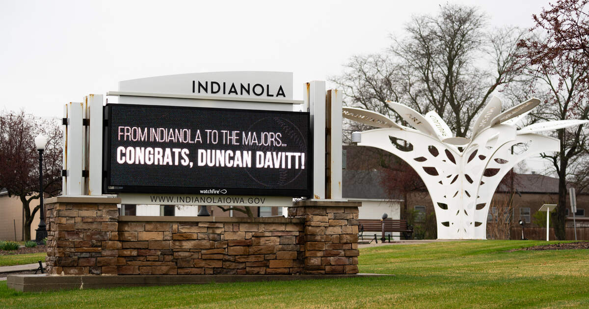 Photo just outside Indianola City Hall on the day of Duncan Davitt’s Major League Baseball debut.