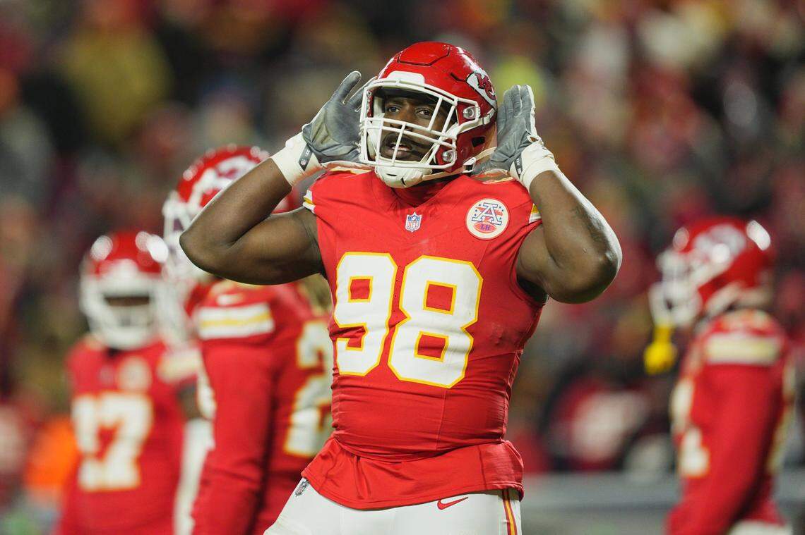 Jan 18, 2025; Kansas City, Missouri, USA; Kansas City Chiefs defensive tackle Tershawn Wharton (98) reacts during the fourth quarter of a 2025 AFC divisional round game against the Houston Texans at GEHA Field at Arrowhead Stadium. Mandatory Credit: Jay Biggerstaff-Imagn Images