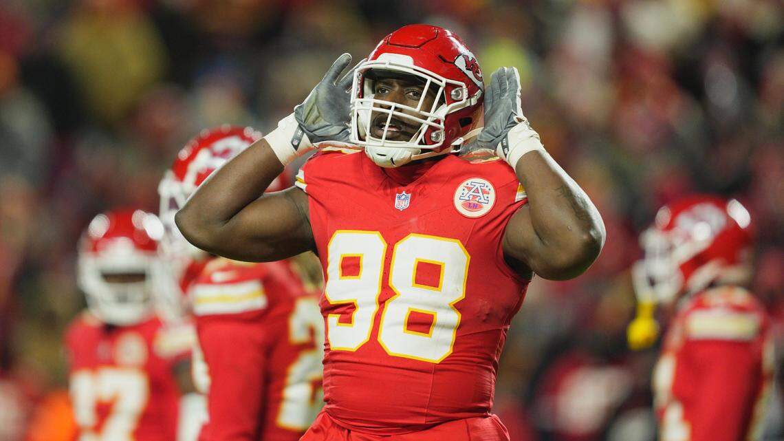 Jan 18, 2025; Kansas City, Missouri, USA; Kansas City Chiefs defensive tackle Tershawn Wharton (98) reacts during the fourth quarter of a 2025 AFC divisional round game against the Houston Texans at GEHA Field at Arrowhead Stadium. Mandatory Credit: Jay Biggerstaff-Imagn Images