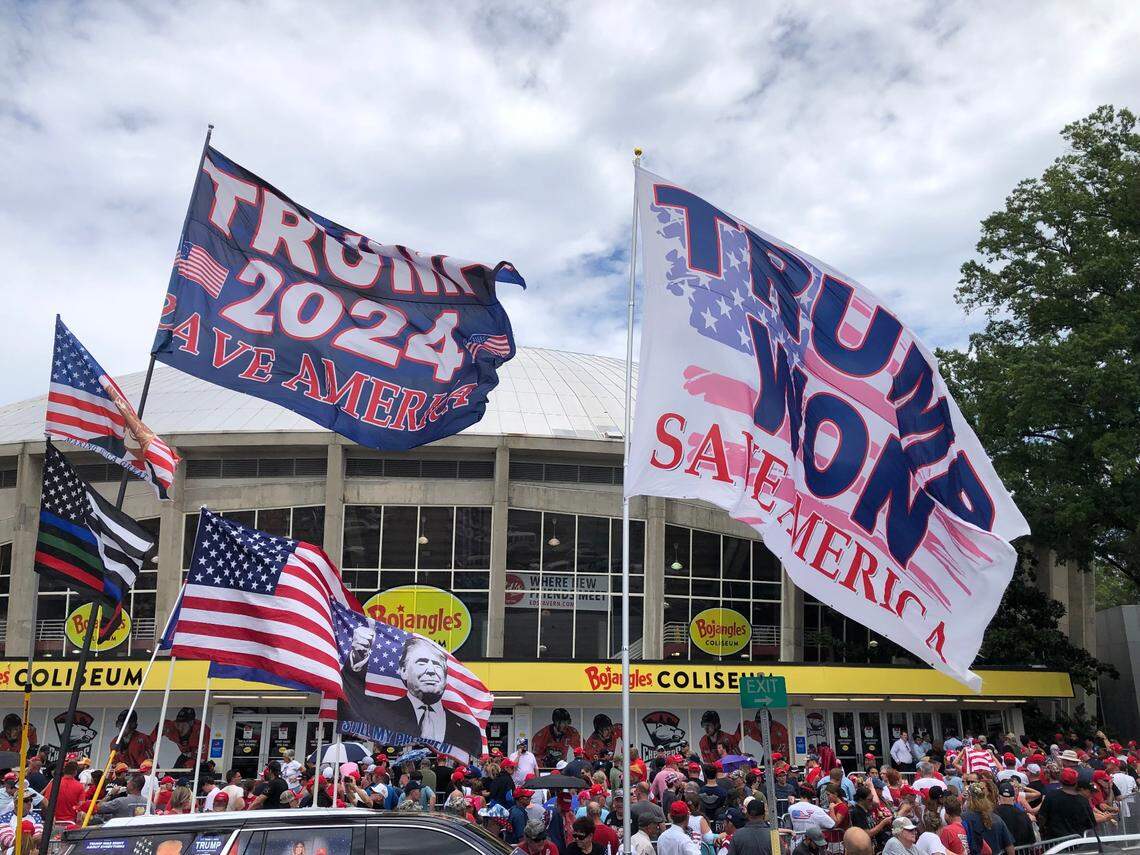 Supporters of former President Donald Trump gather outside Bojangles Coliseum in Charlotte, NC in preparation for the former president’s rally on Wednesday, July 24, 2024.