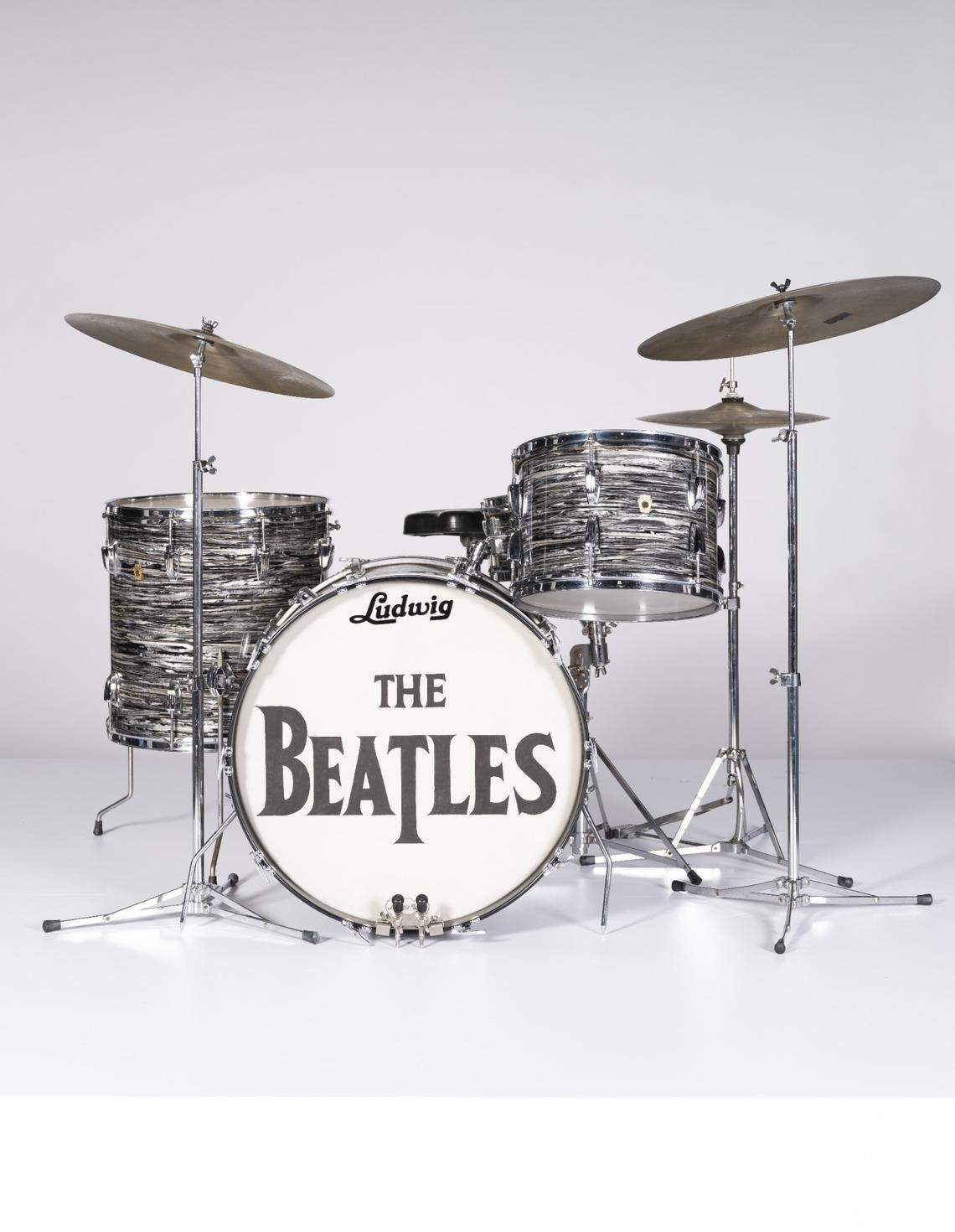 Ringo Starr’s 1965 Ludwig Super Classic drum kit with oyster black pearl finish. He used this kit in The Beatles’ first Shea Stadium concert on Aug. 15, 1965.