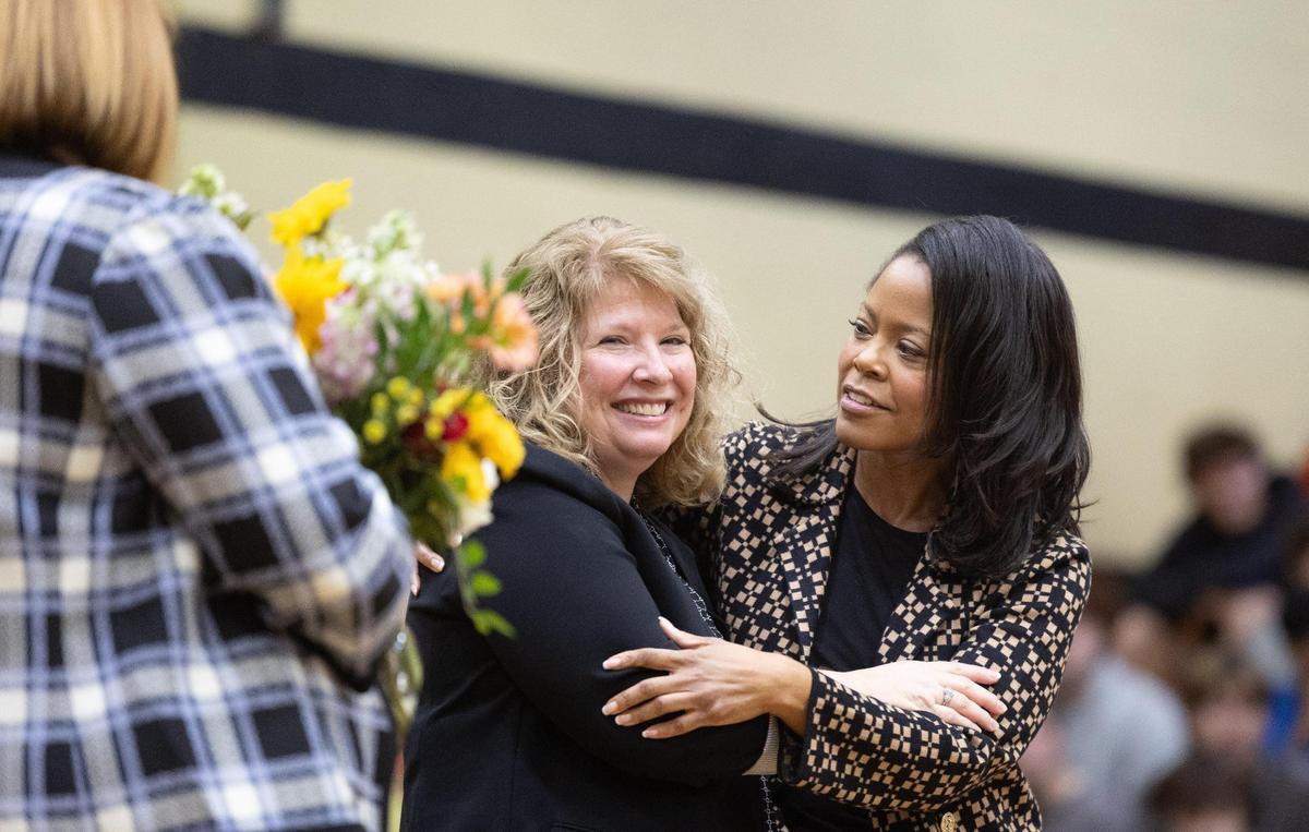 Dr. Tracey Harrill, principal at Providence High School, is announced 2024-25 principal of the year for Charlotte-Mecklenburg Schools by CMS Superintendent Dr. Crystal Hill in Charlotte, N.C. on Thursday, October 24, 2024.