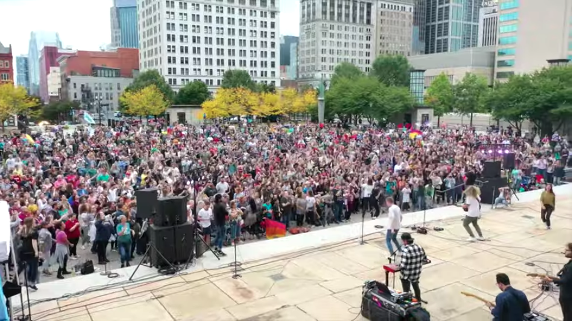 Christian worship leader Sean Feucht tweeted that a police officer told him between 9,000 and 10,000 people attended a revival he hosted in Nashville on Sunday, Oct. 11, 2020. Local health officials said Feucht did not have a permit for the event.