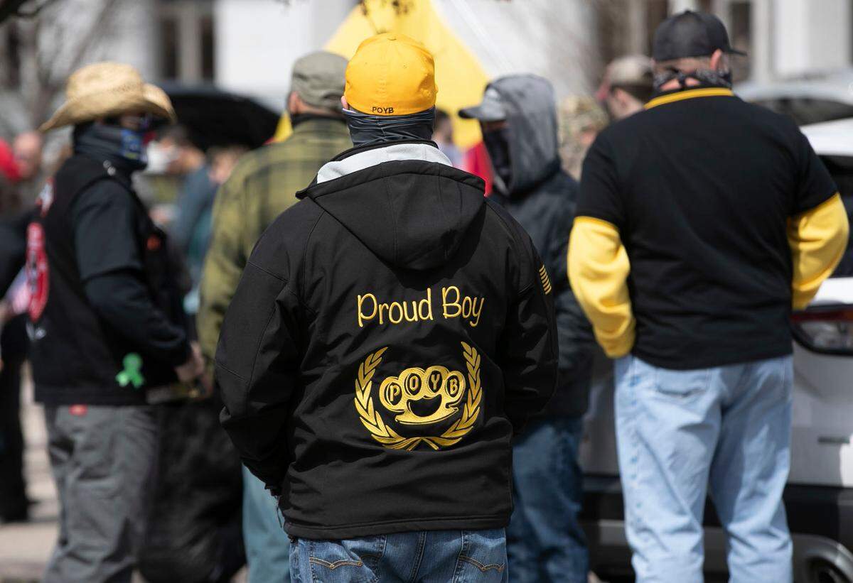 Men wearing Proud Boy clothing protested in Raleigh in March 2021. The group is known for engaging in violence.