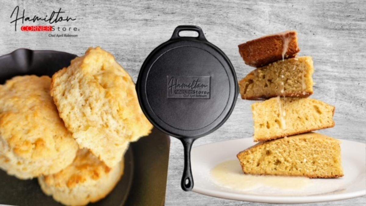 Hamilton Cornerstore’s bundle gift set with a cast iron skillet with cornbread mix and biscuit mix.